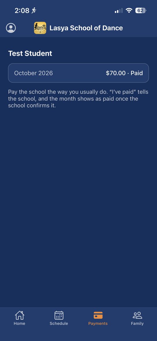A parent's Payments screen, showing a month marked paid